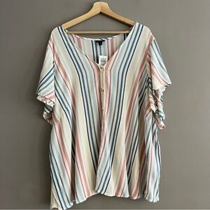 Torrid Women’s Esther  Button Front Flared Short Sleeve Multicolor Strip Sz 4